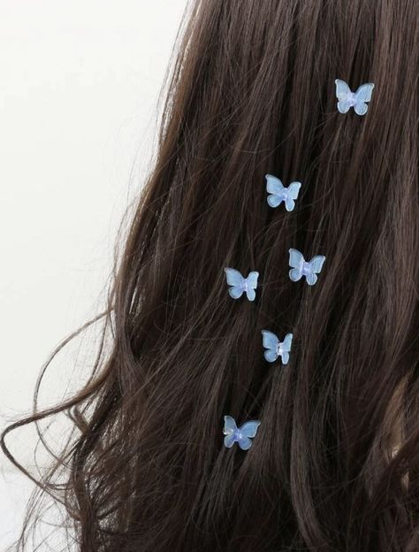 Blue Butterfly Hair Accessories, Blue Butterfly Clips, Blue Butterfly Accessories, Light Blue Hair Accessories, Blue Prom Accessories, Blue Accessories Aesthetic, Blue Butterfly Outfit, Cinderella Accessories, Blue Butterfly Hair Clips