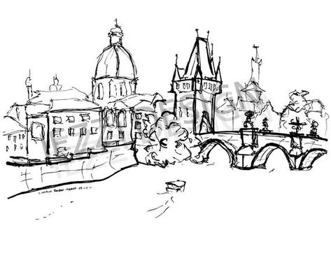 Prague Sketch, Bridge Sketch, Prague Charles Bridge, Monochrome Decor, Monochrome Print, Monochrome Wall, Charles Bridge, Modern Gallery Wall, Monochrome Prints