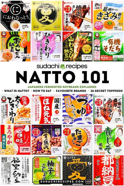 A collage of different brands of natto packaging. Natto Recipe, Rice Japanese, Traditional Japanese Food, Healthy Bento Lunches, Japanese Breakfast, Japanese Food Traditional, Japanese Cooking, Learn Japanese, Cook At Home