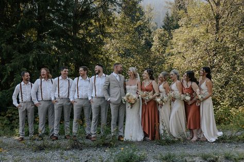 bridal party, wedding, wedding party, maid of honor, rust, bride, bridesmaids, dresses, terracotta, beige, neutral, boho, champagne, first look, groom, suspenders, groomsmen, best man, suits Neutral Maid Of Honor Dress, First Look Groom, Suspenders Groomsmen, Groom Suspenders, Man Suits, Man Of Honour, Maid Of Honour Dresses, Neutral Boho, Bridesmaids Dresses