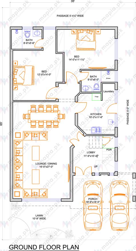 35x70 House Plans Pakistan, Garden Basement, Two Bedroom House Plans, House Plans With Loft, Residential Plan, 10 Marla House Plan, Home Map Design, House Plan With Loft, Map Layout