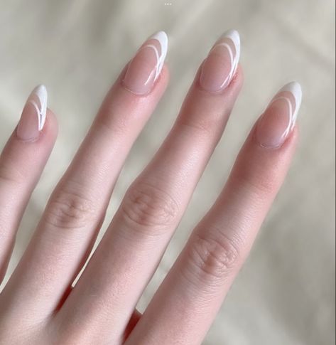 French Top Acrylic Nails Almond, French Tips For Almond Nails, Nail Inspo Oval French Tip, Almond Shape Double French Tip, Almond Shaped Nails With French Tip, French Tip Gel Nails Almond Shape, White Design French Tip Nails, French Tip With Almond Nails, French Nails Ideas Almond Shape