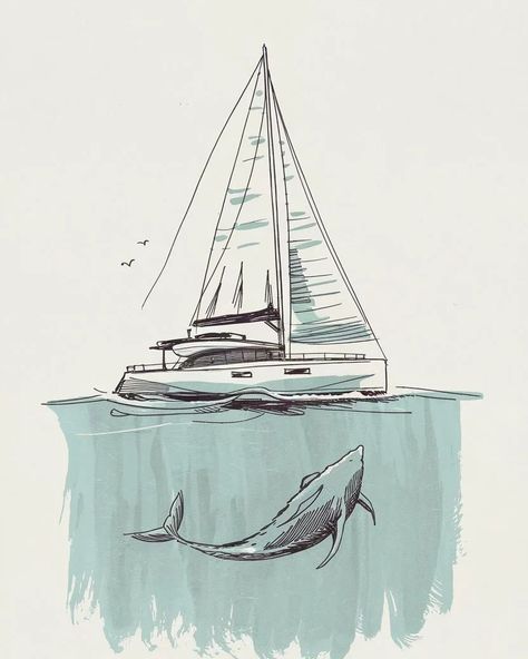 Yacht in ocean #sailingart #sailorlife #sailboats #saillife #illustrationoftheday Sailboat Sketch, Sailboat Illustration, Sail Life, Sailing Art, Bday Cards, Sail Boat, Sailboats, Catamaran, Card Ideas