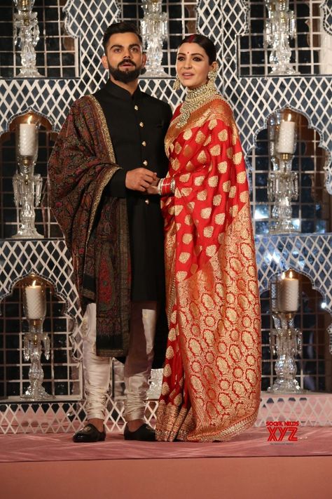 Indian Reception Outfit, Indian Groom Dress, Lichi Silk Saree, Wedding Reception Outfit, Reception Outfits, Sherwani For Men Wedding, Wedding Kurta For Men, Virat And Anushka, Reception Saree