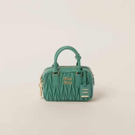 Sage Green Arcadie Matelassé Nappa Leather Bag | Miu Miu Wag Outfits, Mint Green Bag, Nappa Leather Bag, F1 Wag, Girly Tingz, Leather Mirror, Metal Lettering, Mirror Case, Miu Miu Bag