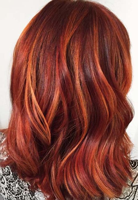 Reds And Copper Hair, Balayage Hair Cooper, Red Hair With Colored Highlights, Copper And Red Highlights, Red With Copper Highlights, Cherry Coke Red Hair Color, Red Copper Highlights, Red Hair With Caramel Highlights, Dimensional Red Hair Copper