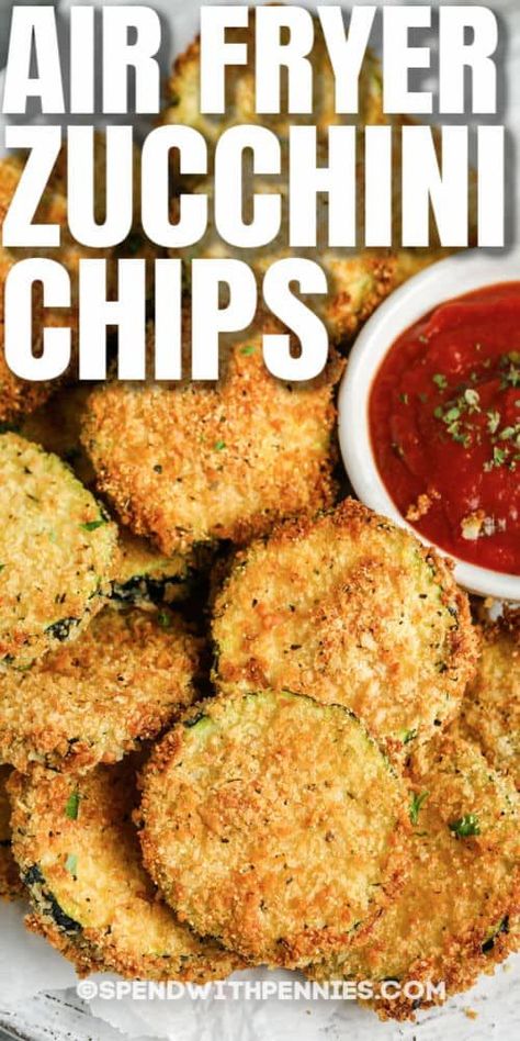 These Air Fryer Zucchini Chips are perfectly breaded with a seasoned Panko mixture, then air-fried until golden crispy. Serve these as an appetizer with dip for game day or a potluck! #spendwithpennies #zucchinichips #recipes #airfryerzucchinichips #appetizer #snack #breaded #homemade #easy #quick Chips In The Air Fryer, Air Fryer Zucchini Chips, Fried Zucchini Recipes, Zucchini Chips Recipe, Homemade Aioli, Air Fryer Zucchini, Recipe Zucchini, Veggie Fries, Air Fried Food