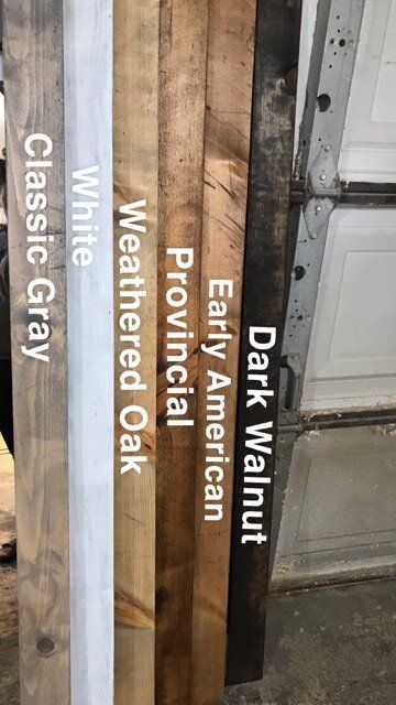 DIY FIVE AND CO OUR STAIN OPTIONS — FIVE AND CO. Early American Varathane Stain, Barnwood Stain Color, Popular Stains For Wood, Minwax Provincial Stain On Pine, Rustic Stain Colors, Farmhouse Stain Colors, Minwax Classic Gray Stain, Early American Stain On Pine, Stain Colors On Pine