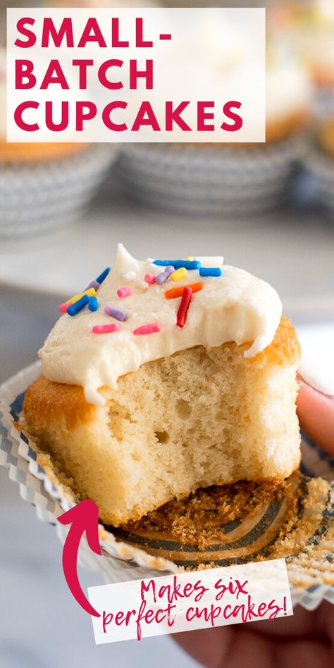 The BEST soft and fluffy Small-batch Vanilla Cupcakes with buttercream frosting. Small Batch White Cupcakes, Cupcake Recipes Small Batch, Vanilla Cupcakes Moist, Small Batch Cake Recipe, Small Batch Vanilla Cupcakes, Moist Cupcake Recipes, American Buttercream Frosting, Baking Mischief, Small Batch Cupcakes