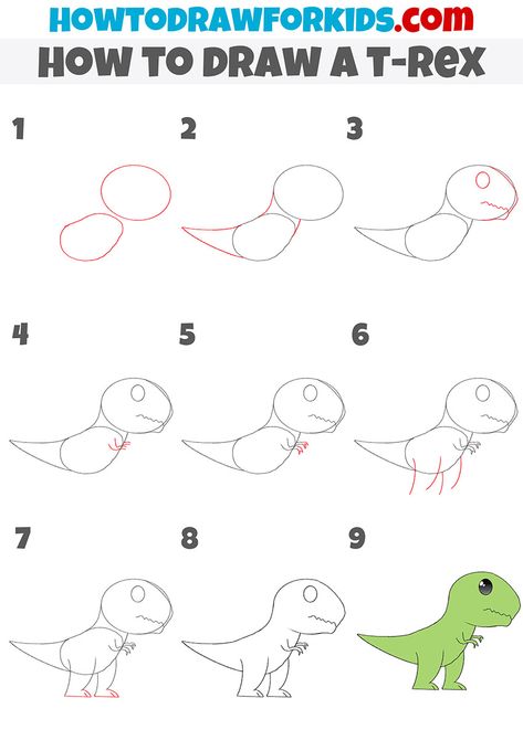 How to Draw a T-Rex - Easy Drawing Tutorial For Kids How To Draw Trex Dinosaur, T Rex Painting Easy, Drawing Dinosaurs Easy, How To Draw A Trex Dinosaur For Kids, How To Draw A Dinosaur For Kids, How To Draw A Trex, Cute Dinosaur Drawing Easy, T Rex Drawing Easy, Simple Dinosaur Drawing