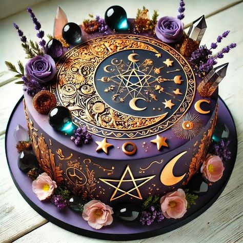 Spiritual Cakes Birthday, Dark Cakes Design, Pagan Cake, Tarot Card Cake, Witchy Wedding Cake, Universe Cake Ideas, Sun And Moon Cake, Witch Birthday Cake, Witchy Birthday Cake