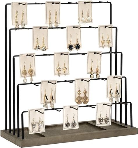 5 tier stand with 30 hooks. The tower design provides great visibility and makes your earrings an awesome focal point. Perfect for vendor tables or for home. 100% solid wood and matte metal, the rustic wooden display stand with farmhouse style. Easy assembly. Earring or cards not included. #earringdisplay #farmhouse #vendor #vendortable #display #earrings Earring Rack, Earring Card Display, Wooden Jewelry Display, Stand Jewelry, Wooden Display Stand, Earring Display Stands, Jewelry Display Stands, Earring Stand, Buy Earrings