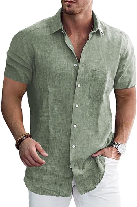 Amazon.com: Elanbells Mens Linen Dress Shirt Beach Untucked Wrinkle Free Lightweight Shirt Green : Clothing, Shoes & Jewelry Green Linen Shirt, Green Clothing, Button Down Dress Shirt, Linen Shirt Dress, Mens Linen, Button Down Dress, Business Casual Outfits, Beach Summer, Men's Casual