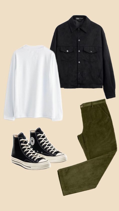 Green corduroy pants, black Converse Chuck 70’s, white long sleeve t-shirt, black suede jacket Zara Green Black Outfit Men, Green Corduroy Pants Outfit, Black Converse Chuck 70, Corduroy Pants Black, Corduroy Pants Outfit, Green Corduroy Pants, Black Suede Jacket, Black Outfit Men, Corduroy Pants Men