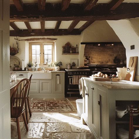 Crafting The Perfect English Countryside Kitchen English Country Estate Kitchen, Cotswold Cottage Kitchen, Tudor Style Kitchen Ideas, Old English Cottage Interiors Kitchen, English Country Decor Kitchen, British Farmhouse Interiors, English Countryside Home Interior, British Countryside House Interior, British Cottage English Countryside