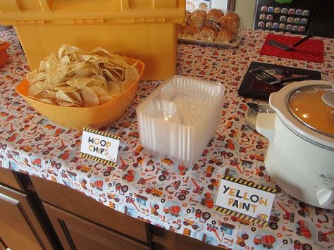 Owen Turns Three! | CatchMyParty.com Truck Painting Ideas, Construction Party Food, Truck Painting, Dump Truck Party, Dump Truck Birthday Party, Picture Food, Construction Baby Shower, Dump Truck Birthday, Nacho Bar