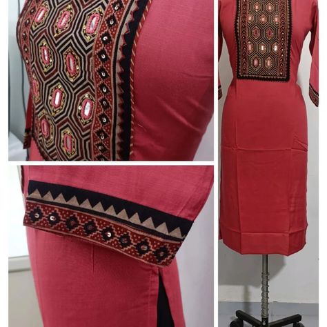 🍁 ```DESIGNER KURTIS With AJRAKH PATCH & Aari-Mirror Work Patch On Choli``` *💫Product Details:* ▪️Straight Kurti ▪️Three quarter Fancy Sleeves ▪️Side Cuts *✨WORK: Patch With Aari & Mirror work in Choli* *✨Fabric: Pure & Premium Jaipuri Plain Slub Cotton & Ajrakh Patch* *✨Length: 44"* *✨Size: As Mentioned* *850 free shipping 💃 💃 💃 💃 💃 ```📣Book Fast📣```bhav For Booking WhatsApp On 7975962979 Ajrakh Mirror Work Kurti, Mirror Work Kurti Design, Fancy Sleeves, Mirror Work Kurti, Straight Kurti, Designer Kurtis, Blouse Work, Side Cuts, Blouse Work Designs