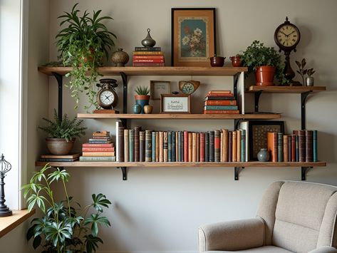 Floating Fantasies: Styling Ideas For Wall-Mounted Bookshelves - Bare Heart Buddy Floating Shelves Over Couch, Shelves Above Tv, Shelves Over Couch, Mounted Bookshelves, Wall Shelves Living Room, Industrial Wall Shelves, Floating Bookshelf, Wall Mounted Bookshelves, Floating Bookshelves