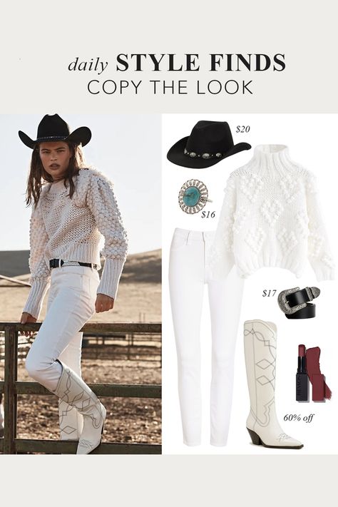 Western Fall All White Outfit: White Cowboy Boots, White Chunky Sweater, White Jeans, Western Look, Over 40 Fall Outfit, Over 40 Style White Chunky Sweater, White Cowboy Boots, Western Look, All White Outfit, Chunky Sweater, All White, White Outfits, Daily Fashion, Cowboy Boots