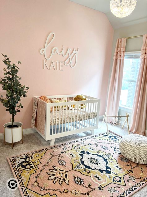 Daisy Themed Nursery for Baby Girl Daisy Theme Nursery Room, Daisy Theme Nursery, Daisy Themed Nursery, Daisy Nursery Theme, Nursery For Baby Girl, Crib Name Sign, Minimal Girl, Pink Nursery Wall, Pink Nursery Walls