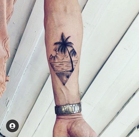 Beach Arm Band Tattoo, Geometric Beach Tattoo Design, Beach Geometric Tattoo, Male Beach Tattoo, Beach Arm Tattoos For Women, Beach Tattoos Men, Surfing Tattoos Men, Hawaiian Tattoo For Men, Beach Tattoo For Men