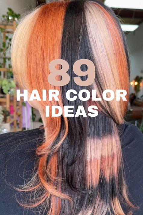 Long hair with bold block highlights in shades of orange, blonde, and black. Hair Blocking Color Hairstyles, Three Tone Hair Color, Block Highlights, Trending Hair Colors, Sunset Hair Color, Orange Hair Dye, Multicolor Hair, Orange Blonde, Trending Hair