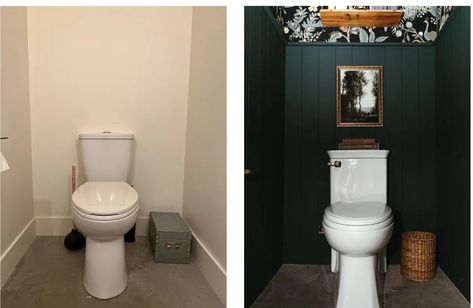 Half Bathroom Before And Afters – Forbes Home Amanda Barnes, Mirror And Sconces, Monochrome Makeup Look, Half Bathrooms, Bathroom Transformation, Large Vanity, Brass Fixtures, Half Bathroom, Black And White Wallpaper