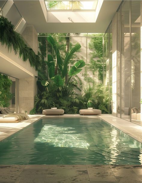 Indoor Pool Apartment, Private Indoor Pool, Indoor Pool With Plants, Spa Pool Aesthetic, Luxury Swimming Pools Outdoor, Indoor Pool Building, Dream Pools Luxury Indoor, Pool Architecture, Guest Bathroom Design