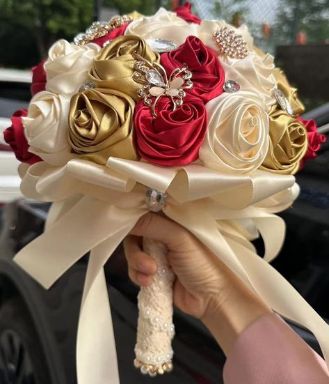 PRICES MAY VARY. Our bouquets have 4 sizes for different customer needs. They are, by diameter, 5.9", 7.1", 8.3" and 9.4". Recommend 5.9 inch mini bouquets for flower girls or toss use, 7.1 inch small bouquets for bridesmaids and 8.3 inch or 9.4 inch big bouquets for the bride Made of soft silky satin fabric cloth, crystal rhinestones, alloy and artificial gems and pearls, beautiful and sturdy; flower corolla decorated with vintage and quaint platinum/silver white jeweled brooches and baubles; h Red And Gold Ramo, Red White And Gold Wedding Bouquet, Red And Gold Bouquet Quince, Red And Gold Flower Bouquet, Beauty And The Beast Wedding Decorations, Red And White Wedding Theme, Red And White Wedding Decorations, Quince Bouquet, Bouquets For Bridesmaids