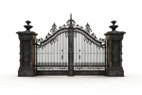 Gate with wrought iron fence and pillars on white background. Generative AI royalty free stock photography Things Reference, Victorian Gate, Autumn School, Wrought Iron Fence, Vector Technology, Cathedral Architecture, Wrought Iron Fences, Iron Fence, Iron Gate