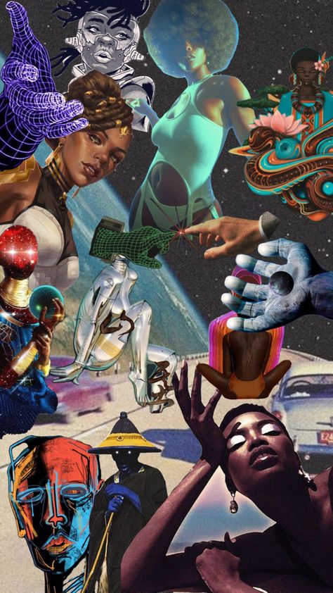 Afrofuturism Fashion Black Women, Afrofuturism Aesthetic Wallpaper, Janelle Monae Wallpaper, Afrofuturism Decor, Afro Futurism Collage, Afrofuturism Wallpaper, Afrofuturism Photoshoot, Black Indie Aesthetic, Amapiano Wallpaper