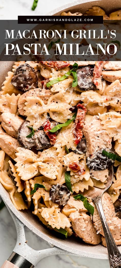 Macaroni Grill's delicious Chicken Pasta Milano can be made right at home! In less than 30 minutes and with a few simple ingredients, your family will be sitting down to a creamy garlic pasta dish everyone is sure to love! #pastarecipe #chickenpastarecipes #copycatrecipes | GarnishandGlaze.com Pasta Milano Macaroni Grill, Pasta Milano Macaroni Grill Recipe, Pasta Milano, Macaroni Grill Recipes, Creamy Garlic Chicken Pasta, Macaroni Grill, Grilled Chicken Pasta, Creamy Garlic Pasta, Date Night At Home