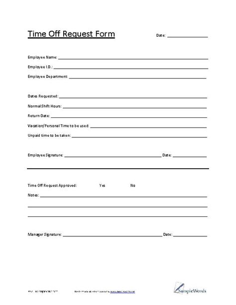 With this form, the employee can submit their vacation requests to the supervisors. This form documents the days that the employee would like to be gone from work as well as what their regular shift may be so that the manager can ensure coverage over the employee's shift. Time Off Request Form, Time Sheet Printable, Work Printables, Employment Form, Time Sheet, Starting A Daycare, Daycare Forms, Bookkeeping Business, Employee Handbook