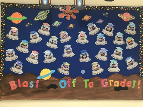 Kindergarten Graduation Space Theme, Preschool Graduation Space Theme, Out Of This World Graduation Theme, Outer Space Graduation Theme, Space Graduation Theme, Preschool Graduation Theme Ideas, Pre K Graduation Themes, Alien Bulletin Board, Prek Graduation Theme Ideas