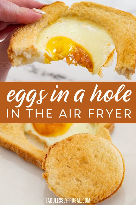 Air Fryer Eggs in a Hole Recipe - Fabulessly Frugal Eggs In A Hole, Air Fryer Eggs, Air Fryer Recipes Eggs, Filling Breakfast Recipes, Egg Sandwich Recipe, Family Breakfast Recipes, New Air Fryer Recipes, Egg In A Hole, Breakfast Bagel