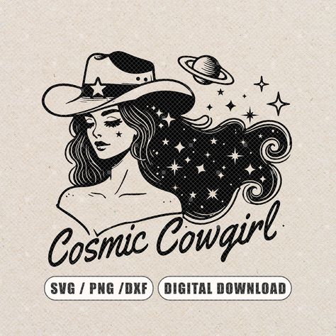 Cowgirl Branding, Svg Shirt Ideas, Cowgirl Illustration, Starry Night Moon, Cosmic Cowboy, Boy Western, Cosmic Cowgirl, Cowgirl Svg, Western Svg