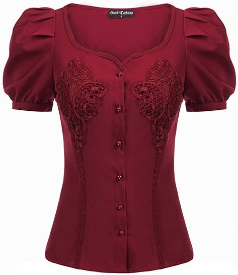 Now $60. Shop and get ideas of how to wear null Womens Retro Embroidered Blouse Vintage Casual Victorian Shirt Wine XL at Amazon Women’s Clothing store or find similar products for less. Red Lace Shirt, Victorian Shirt, Long Sleeve Evening Gowns, Viscose Dress, Puff Sleeve Blouse, Vintage Casual, Fantasy Fashion, Lace Shirt, Short Sleeve Button Up