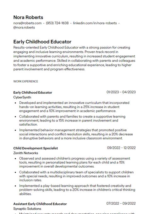 Check out Early Childhood Educator resume examples to showcase your ability to nurture young children, develop age-appropriate curricula, and create safe learning environments, helping your application impress hiring managers in preschools and childcare centers. Learn what essential child development and educational skills to include on an Early Childhood Educator resume to highlight your expertise. | early childhood educator resume, preschool teacher resume, childcare professional resume Preschool Teacher Resume, Early Childhood Educator, Conflict Resolution Skills, Resume Guide, Behavior Management Strategies, Education Resume, Curriculum Development, Teacher Assistant, Teacher Inspiration