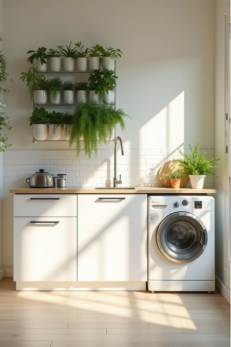 White kitchen with vertical garden wall and compact appliances Small White Kitchen Ideas, Dream Kitchen White, Small White Kitchen, White Kitchen Inspiration, White Kitchen Ideas, Small White Kitchens, Garden To Table, Hydroponic Garden, Work Triangle