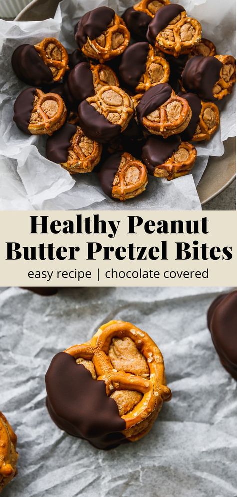 Healthy Peanut Butter Pretzel Bites | Walder Wellness, Dietitian Healthy Pretzels, Healthy Salty Snacks, Pretzel Chocolate Bites, Peanut Butter Pretzel Bites, Winter Snack, Peanut Butter Bites, Peanut Butter Snacks, Chocolate Recipes Easy, Peanut Butter Pretzel