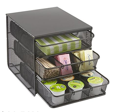 Safco Products 3275BL Onyx Mesh Hospitality Organizer 3 Drawer Black * More info could be found at the image url.  This link participates in Amazon Service LLC Associates Program, a program designed to let participant earn advertising fees by advertising and linking to Amazon.com. Office Coffee Bar Ideas, Coffee Pods Drawer, Office Break Room, Home Organizing Ideas, Coffee Pod Storage, Coffee Holder, House Organisation, Cleaning And Organization, Coffee Store