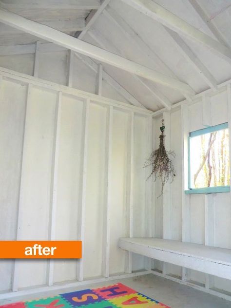 Before & After: A Smelly Garden Shed Turned Bright Playhouse — Perry Moffit Turning Shed Into Playhouse, Outdoor Shed Playhouse, Turn Shed Into Playhouse, Shed Turned Into Daycare, Shed Playhouse Interior, Play House Interior Ideas Kids, Shed Turned Playhouse, Shed Into Playhouse, Backyard Clubhouse