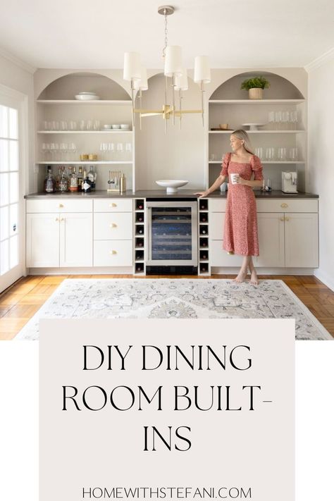 Dining Room Built In Cabinets With Wine Fridge, Large Dining Room Storage, Dining Area Built Ins, Built In Buffets In Dining Room, Dining Room Design With Bar, Storage Cabinets For Dining Room, Dining Buffet Built In, Storage Ideas For Dining Room, Built In China Cabinet Dining Room Display