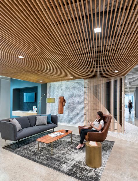 Gensler Office, Playful Office, Basement Refresh, Gray Interior Doors, Ebay Office, Lv Design, Wood Slat Ceiling, Baffle Ceiling, Office Ceiling