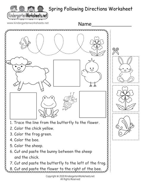 This spring activity worksheet is designed to help kids improve their ability to follow directions. Students have to complete eight separate tasks. They need to read, trace, cut and paste, identify animals, color, and apply spatial concepts to finish the tasks correctly. Spring Worksheets For Kids, Following Directions Worksheet, Follow Directions Worksheet, Directions Worksheet, Following Directions Activities, Spring Worksheets, Spring Worksheet, Education Worksheets, Sequencing Worksheets