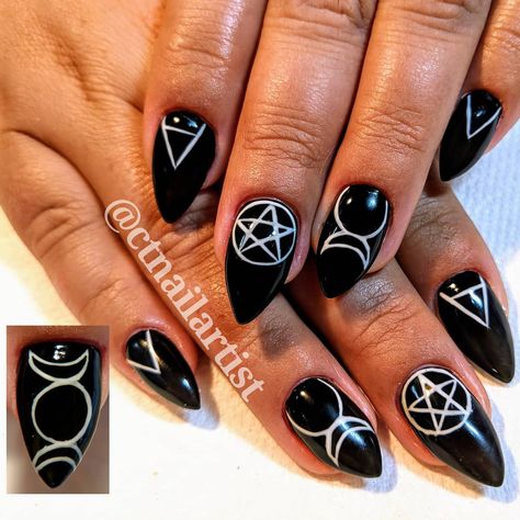 For my #WitchyWoman @yungmoneymillz #Wiccan symbols - the #goddess #earth #air #spirit #fire #water #god #witch #witchnails #fallnails… Wiccan Nail Designs, Skeleton Nail Designs, Witch Nail Designs, Nail Art Witch, Wiccan Nails, Nails Skeleton, Spiritual Nails, Skeleton Nail Art, Witch Nail Art