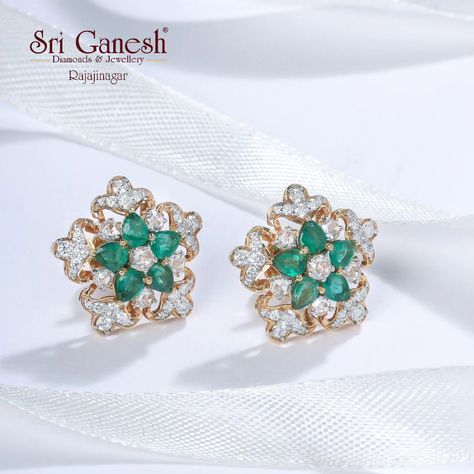 Luxury Hand Set Fusion Diamond Earrings, Alwand Vahan Sapphire And Diamond Earrings, Luxury Traditional Hand-set Diamond Earrings, Green Diamond Multi-stone Earrings, Luxury Green Diamond-cut Earrings, Floral Studs, Flower Tops, Call Whatsapp, Bangalore