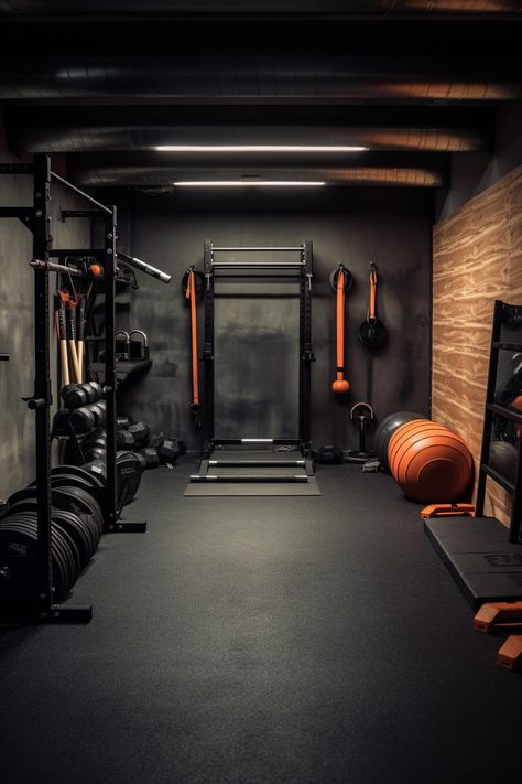 An AI generated design for a gym based on Mirafit equipment colour schemes Black At Home Gym, Small Garage Gym Design, Dark Gym Interior, Black Home Gym Interior, Garage Gym Uk, Dark Home Gym Aesthetic, Garage Gym Black Walls, Calisthenics Gym Design, Single Garage Gym