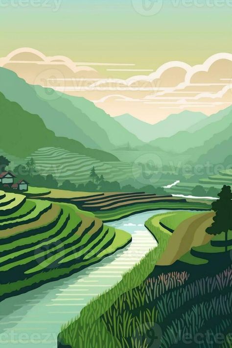 AI Generative Green Terraced Rice Fields Rice Terraces Drawing Easy, Banaue Rice Terraces Drawing, Rice Terraces Drawing, Rice Field Drawing, Rice Field Illustration, Banaue Rice Terraces, Balinese Art, Bali Painting, Vector Landscape