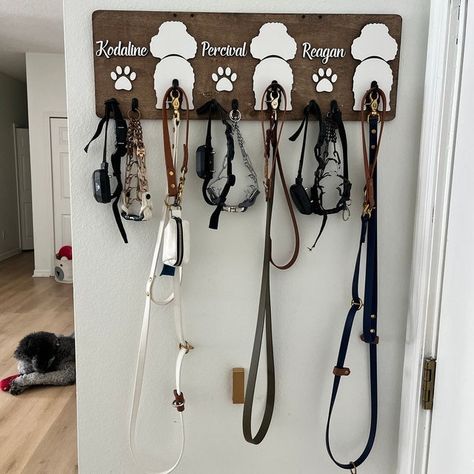 Dog Leash Station, Dog Supplies Organization, Dog Paw Pattern, Mudroom Garage, Pet Supplies Organization, Dog Lead Holder, Dog Room Decor, Puppy Room, Dog Organization